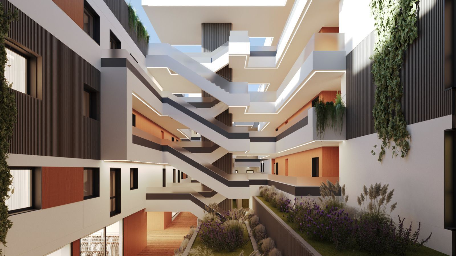 Modern gebouw met een open binnenplaats en trapconstructie.