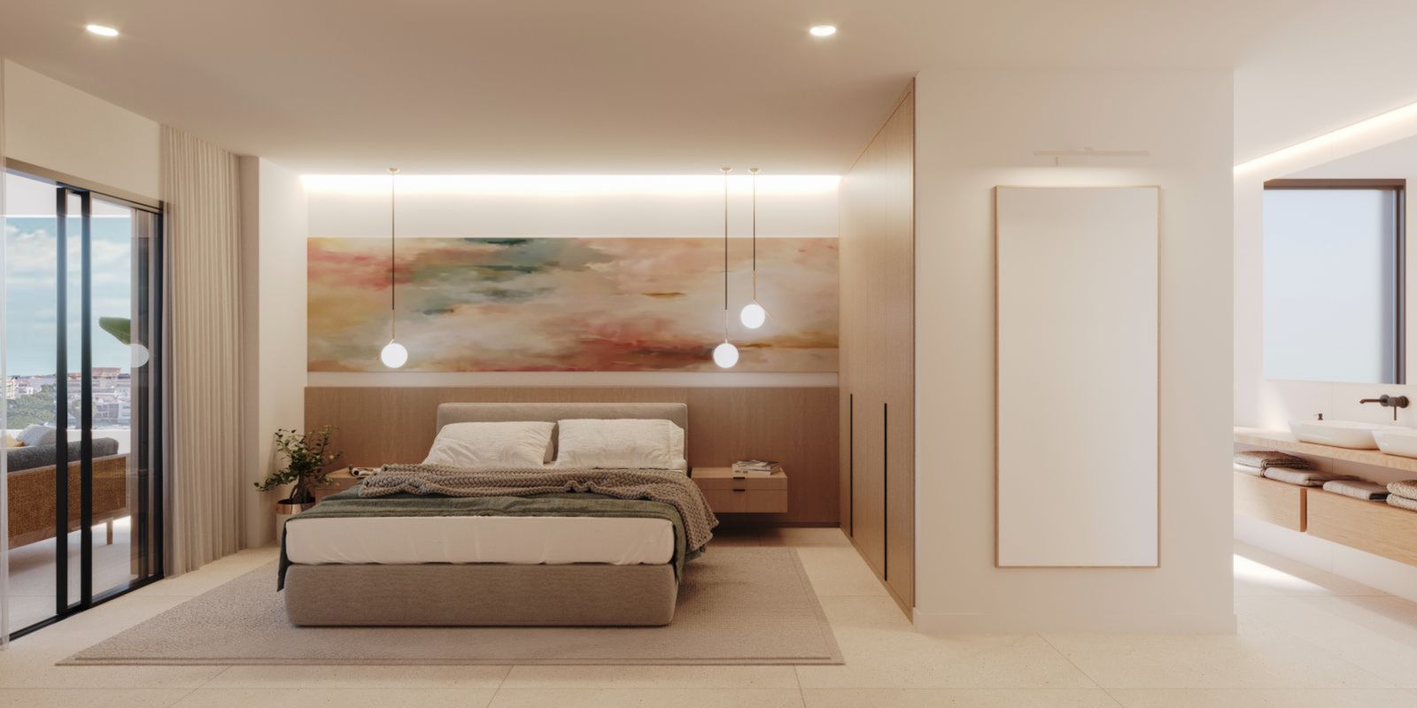 Moderne slaapkamer met badkamer en balkon