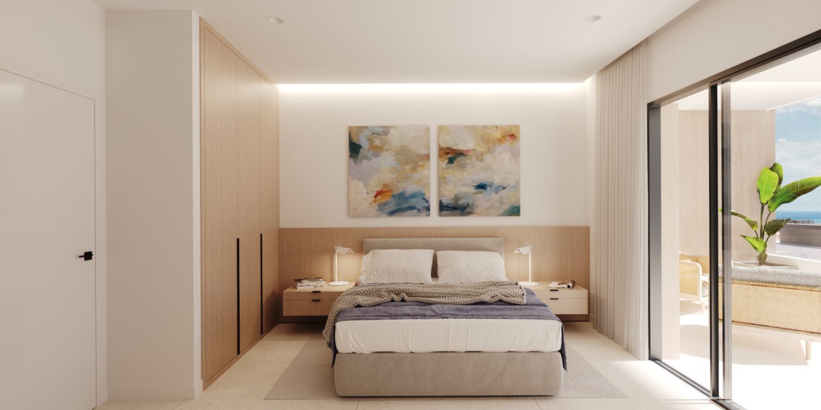 Moderne slaapkamer met balkon en zeezicht