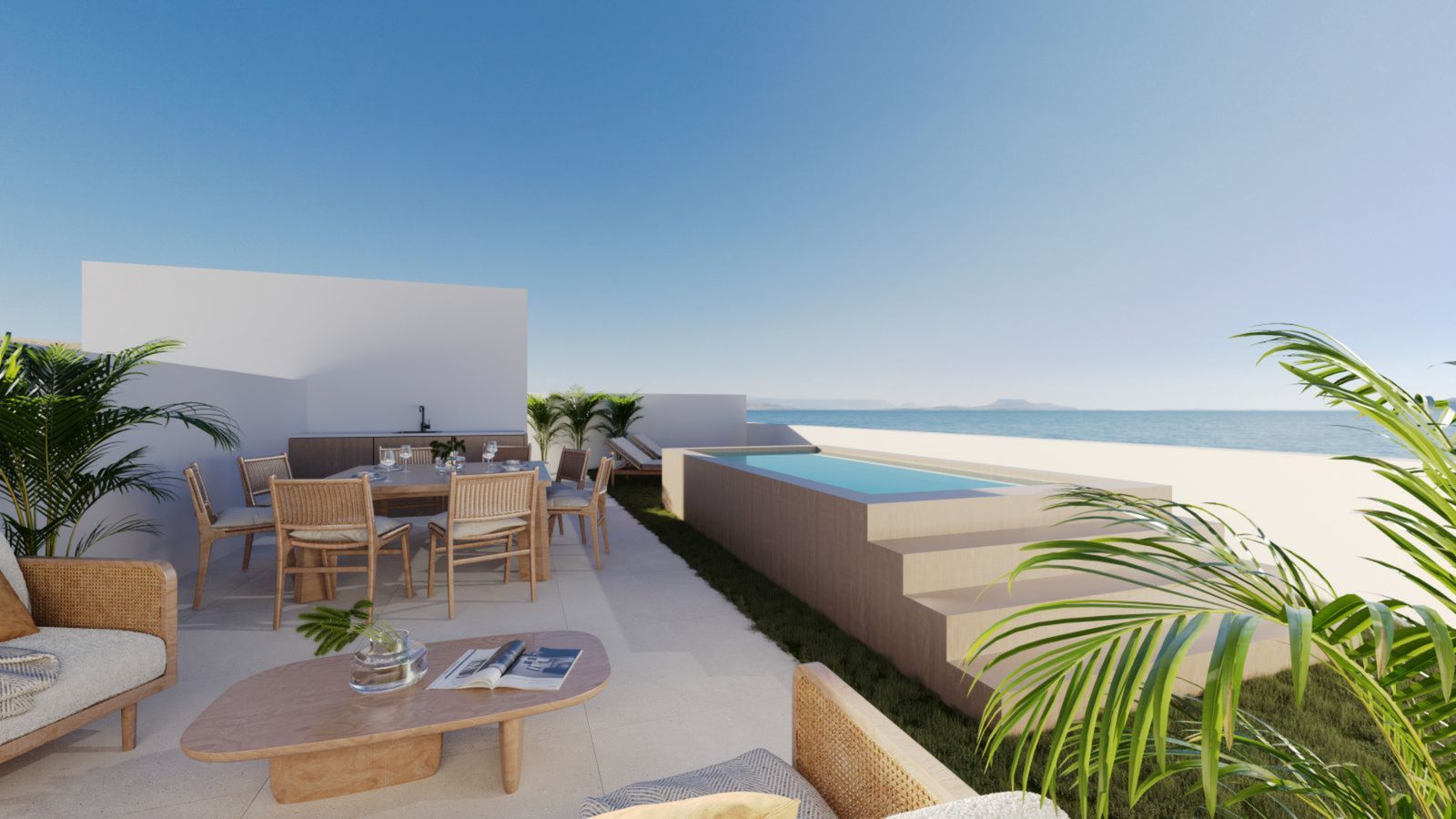 Strandterrasse med spiseplads og pool